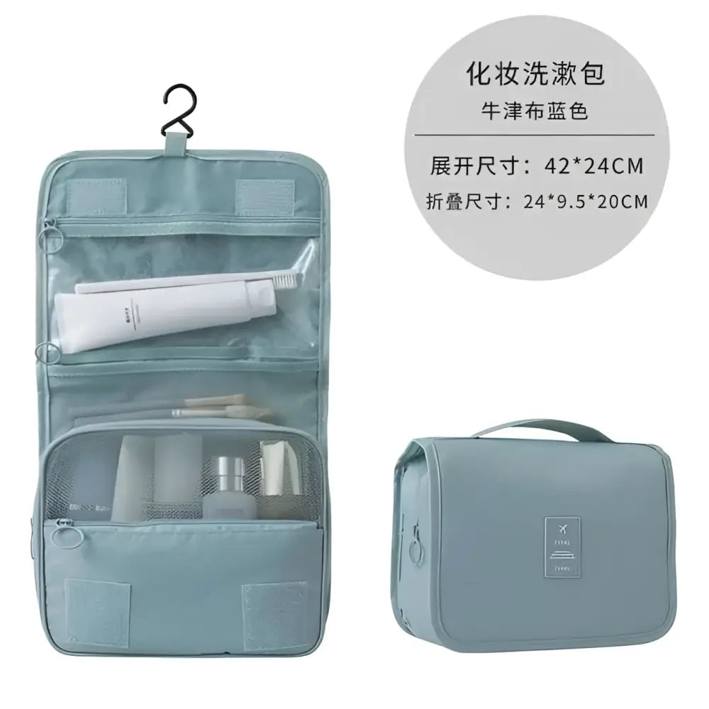 Light blue fabric toiletry bag with mesh compartments and hanging hook for black wall mounted portable women makeup bag