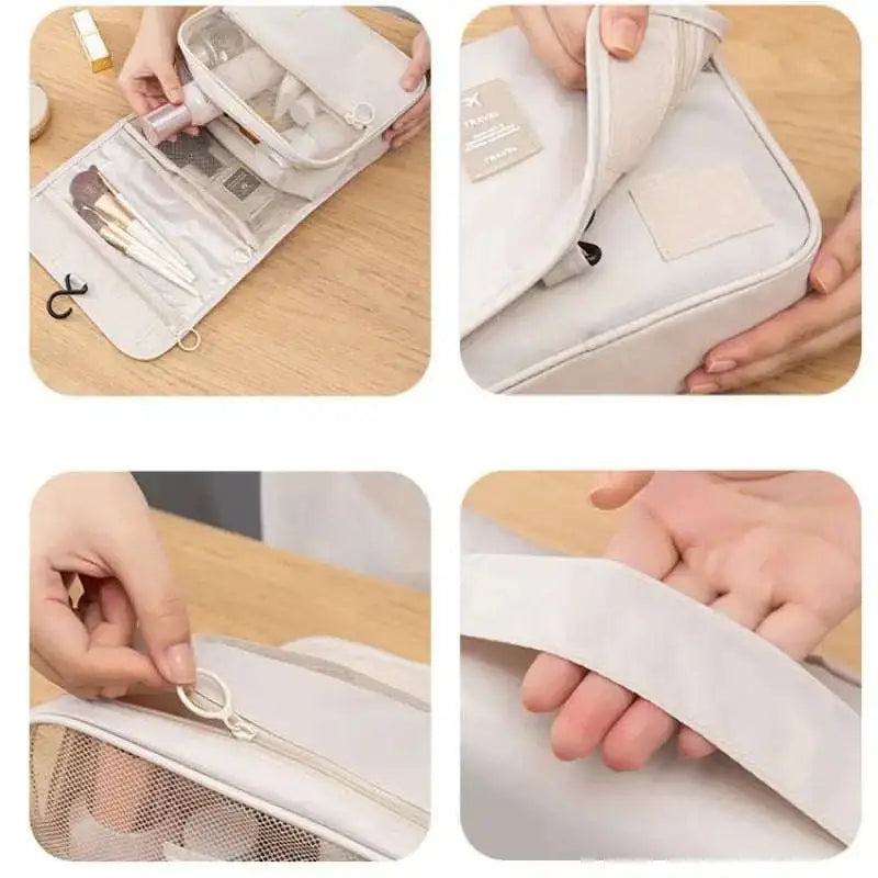 A light gray compact travel organizer with transparent mesh pockets and zipper for black wall mounted portable women makeup