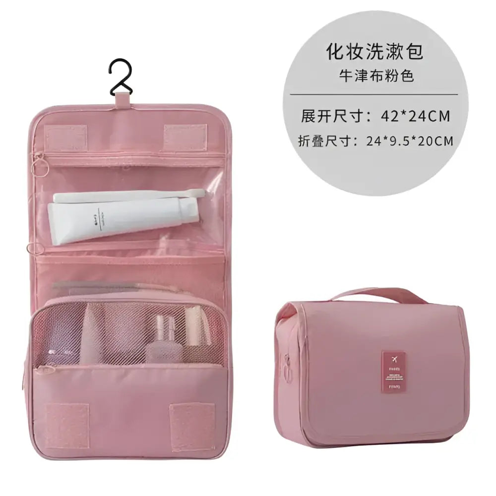 Black wall mounted portable women makeup bag in pink mesh fabric with multiple compartments and hanging hook