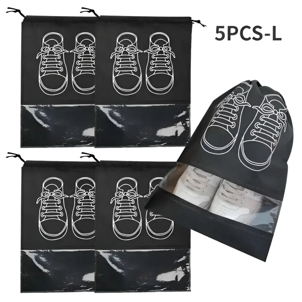 Black wall mounted portable women makeup bag with black shoe storage bags featuring white sneaker outlines and transparent sections