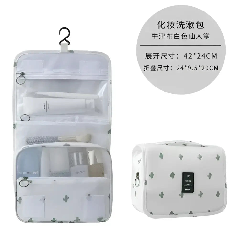 Black wall mounted portable women makeup bag with white cactus pattern transparent mesh compartments and hanging hook