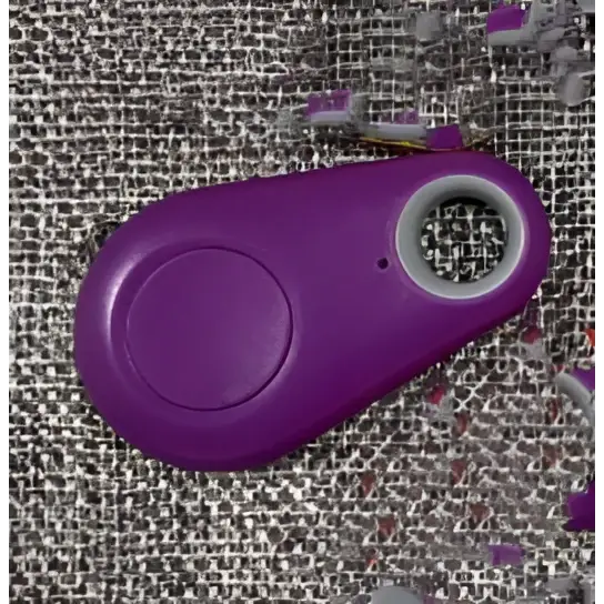 Purple silicone black water drop anti lost object finder bluetooth tracker with circular cutout and smooth rounded edges