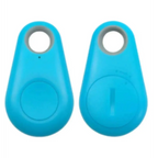 Bright blue silicone black water drop anti lost object finder with gray rubberized ring and circular front button