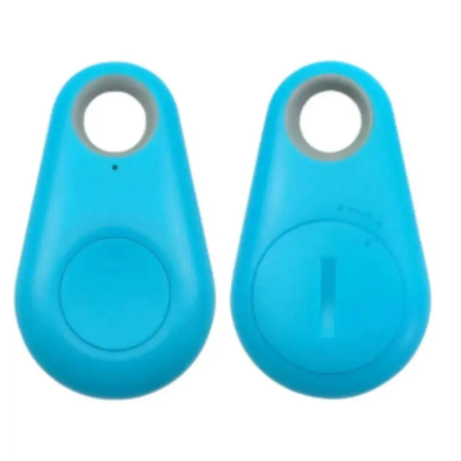 Bright blue silicone black water drop anti lost object finder with gray rubberized ring and circular front button