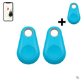 Bright blue sleek plastic black water drop anti lost object finder bluetooth tracker with circular button and gray ring