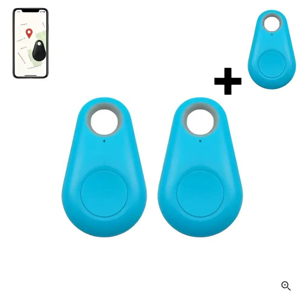 Bright blue sleek plastic black water drop anti lost object finder bluetooth tracker with circular button and gray ring