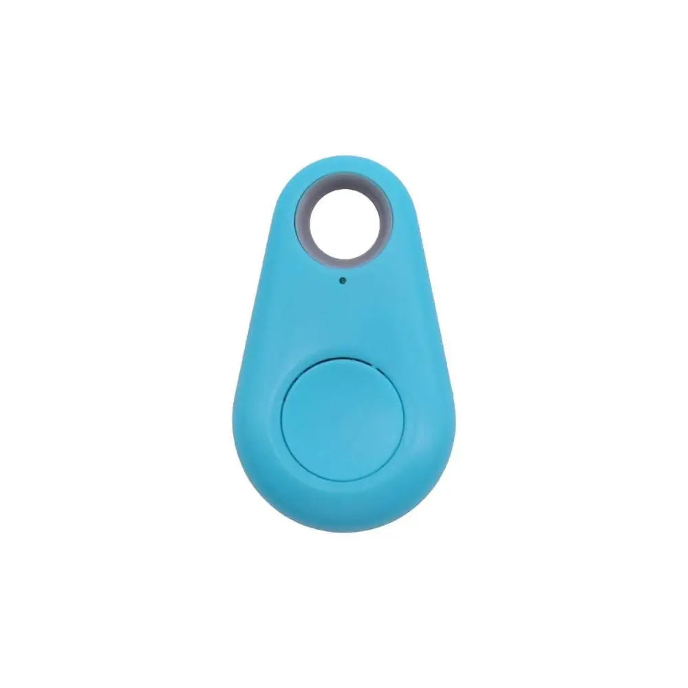 A sleek light blue silicone black water drop anti lost object finder bluetooth tracker with circular button and attachment hole
