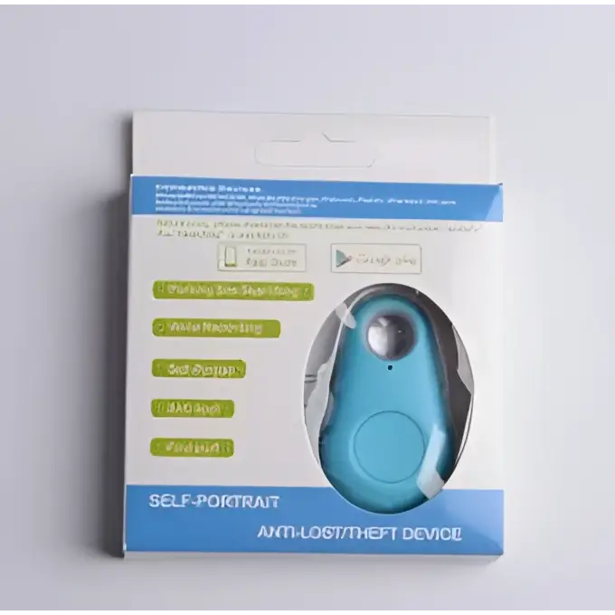Black water drop lost object finder with a light blue oval anti lost object device featuring a circular button and metallic accent