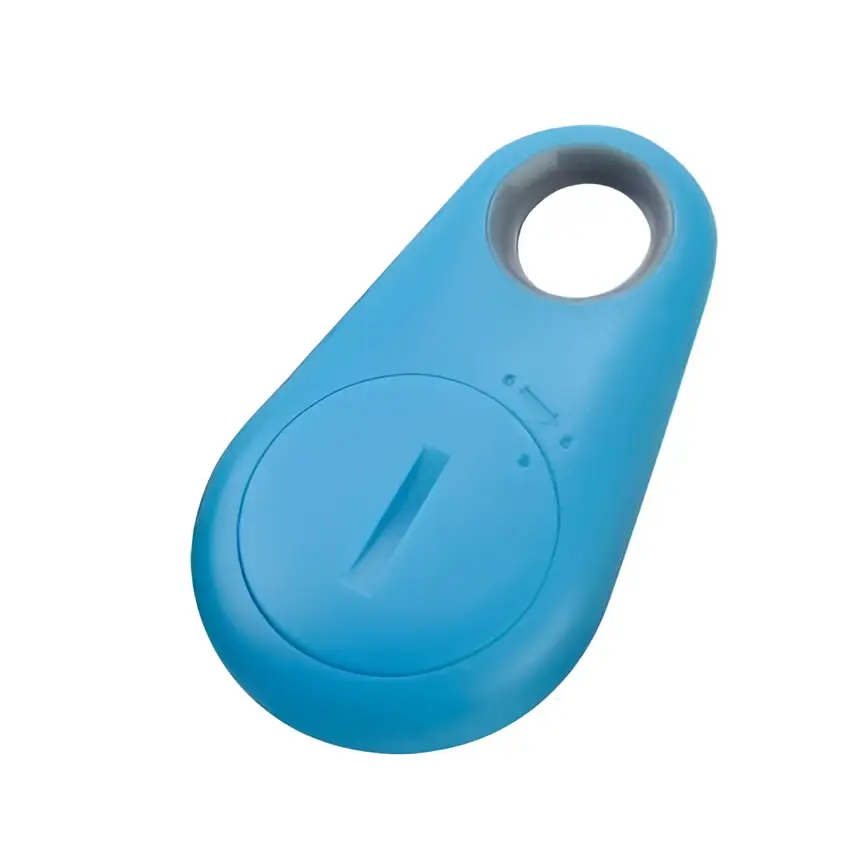 Blue plastic bluetooth lost object finder with circular hole and button in black water drop anti lost object device