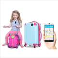 Pink and purple children’s ride-on suitcase with green accents featuring black water drop anti lost object finder