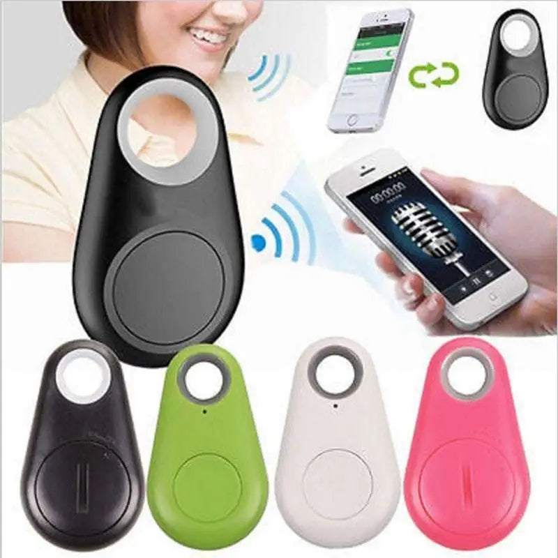 Black water drop anti lost object finder bluetooth tracker with sleek teardrop shape silver ring and circular button