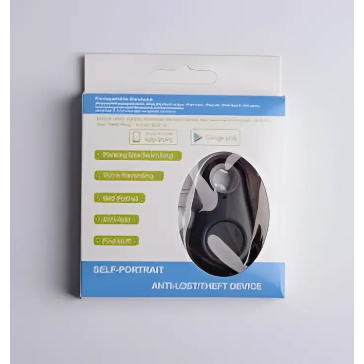 Black water drop anti lost object finder in white and blue packaging with black self portrait anti spoofing device