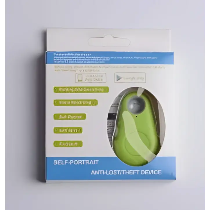 Green pear-shaped anti lost object finder in white and blue package for black water drop anti lost device use