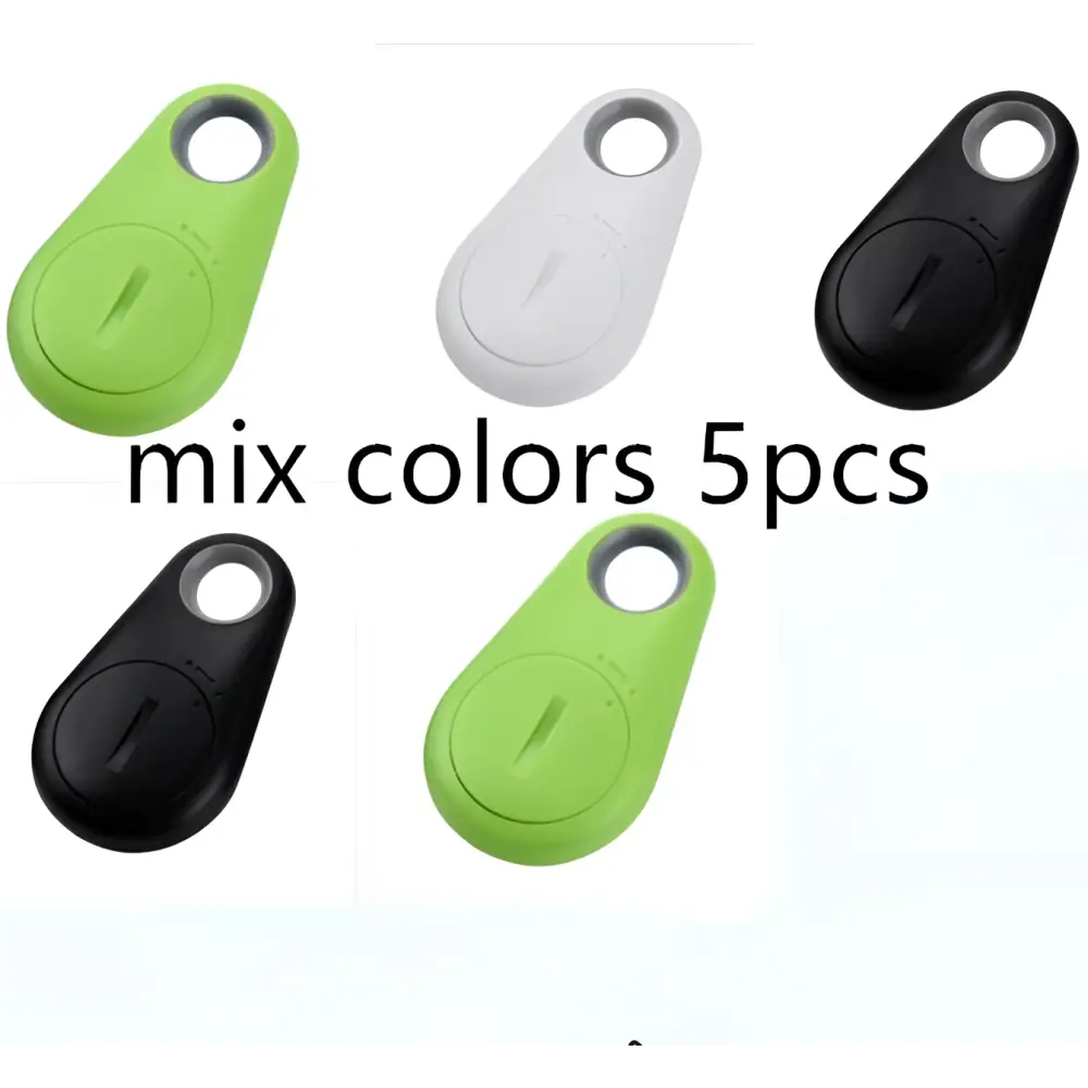 Set of five sleek oval-shaped black water drop anti lost object finder bluetooth trackers in green white and black colors