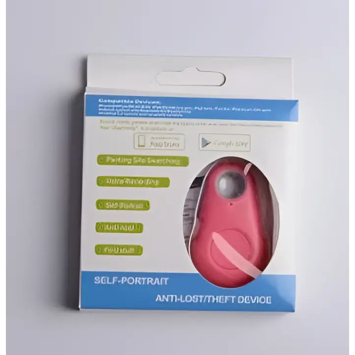 Pink oval-shaped self-portrait anti lost object finder in white and blue packaging for black water drop use-case
