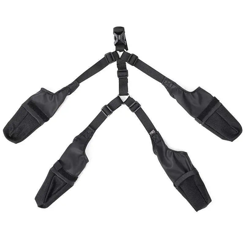 Black nylon dog harness with four adjustable straps and mesh-lined pockets for waterproof adjustable dog use on hot pavements