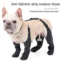 Black waterproof adjustable dog shoes with snug fit, adjustable straps, and french bulldog face design for hot pavements
