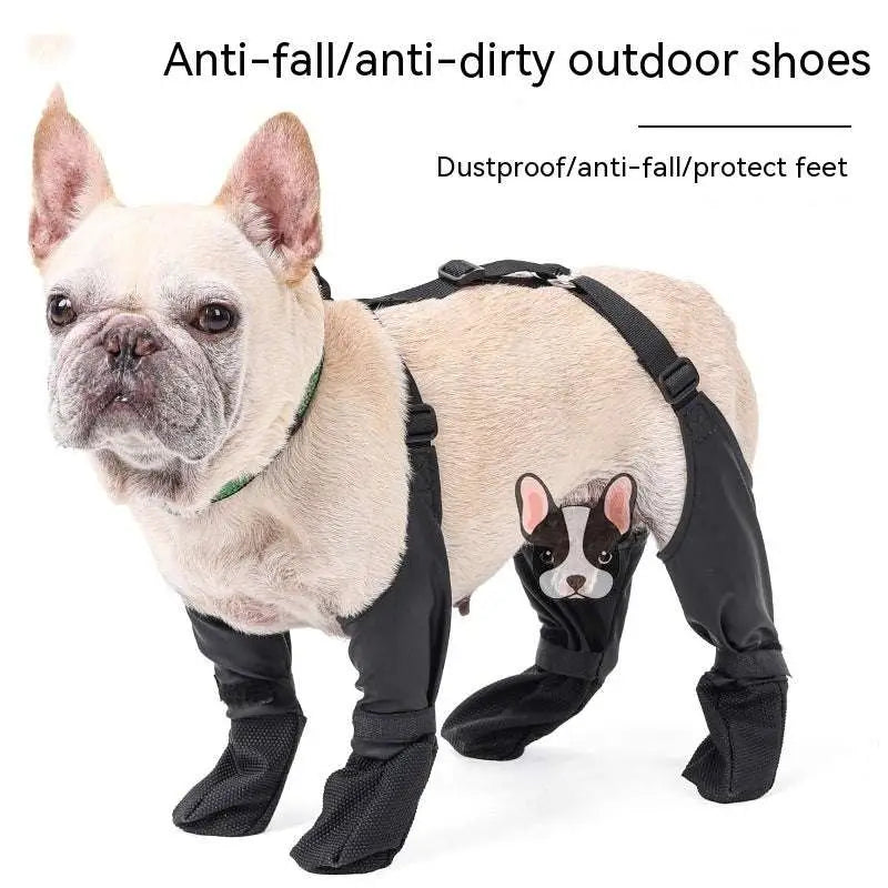 Black waterproof adjustable dog shoes with snug fit, adjustable straps, and french bulldog face design for hot pavements
