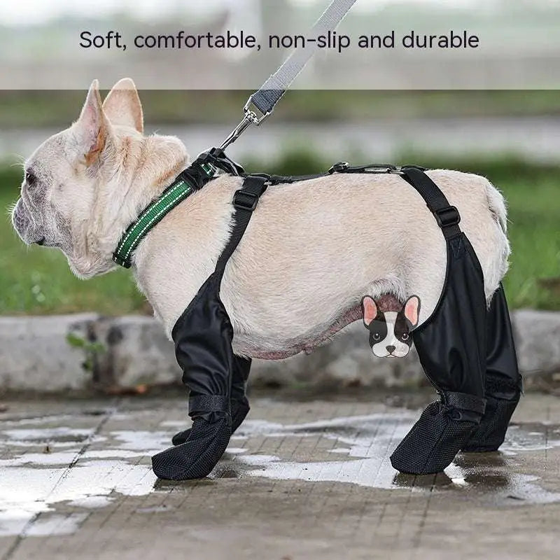 Black waterproof adjustable dog shoes with cute french bulldog face design protect paws from hot pavements
