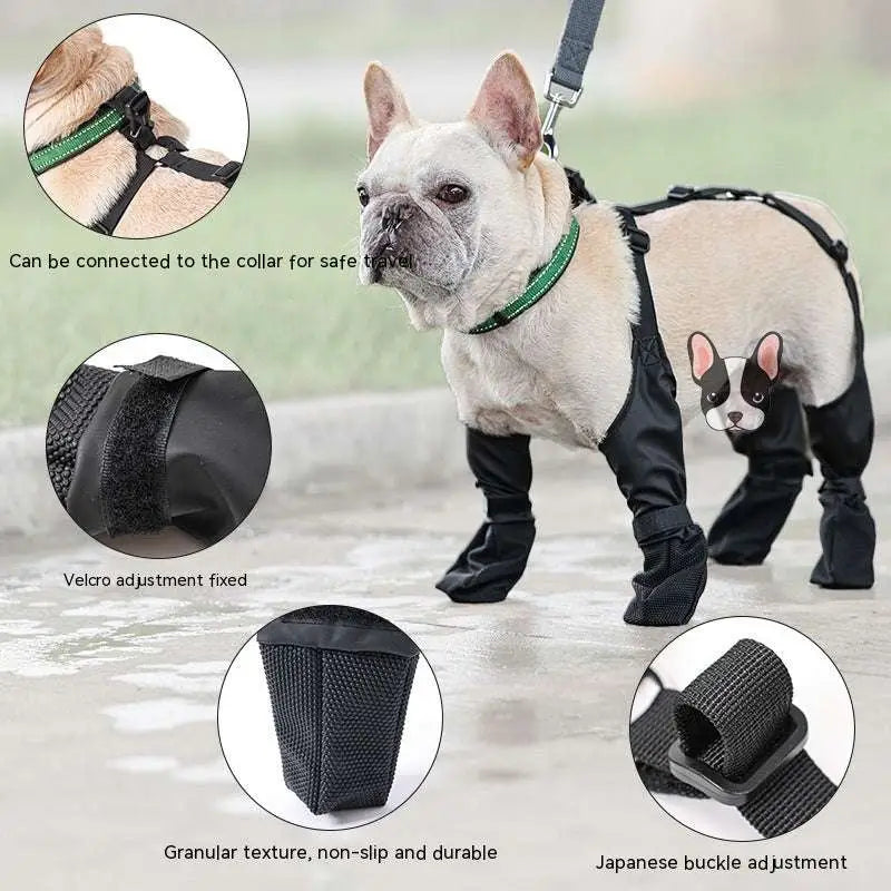 Black waterproof dog shoes with green trim and adjustable straps for secure fit and all-weather protection