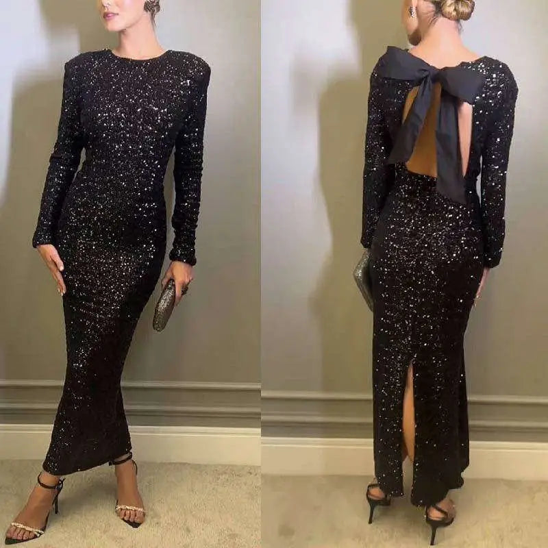 Black winter sexy backless sequined mermaid gown with long sleeves and back bow detail shown from the back side