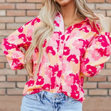 A vibrant pink blooming floral print puff sleeve long-sleeve blouse perfect for spring and summer wear