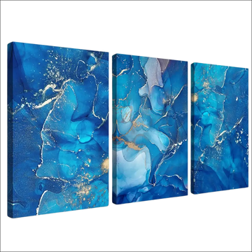 Blue abstract canvas wall art triptych with swirling patterns and gold accents ideal for stylish wall decor
