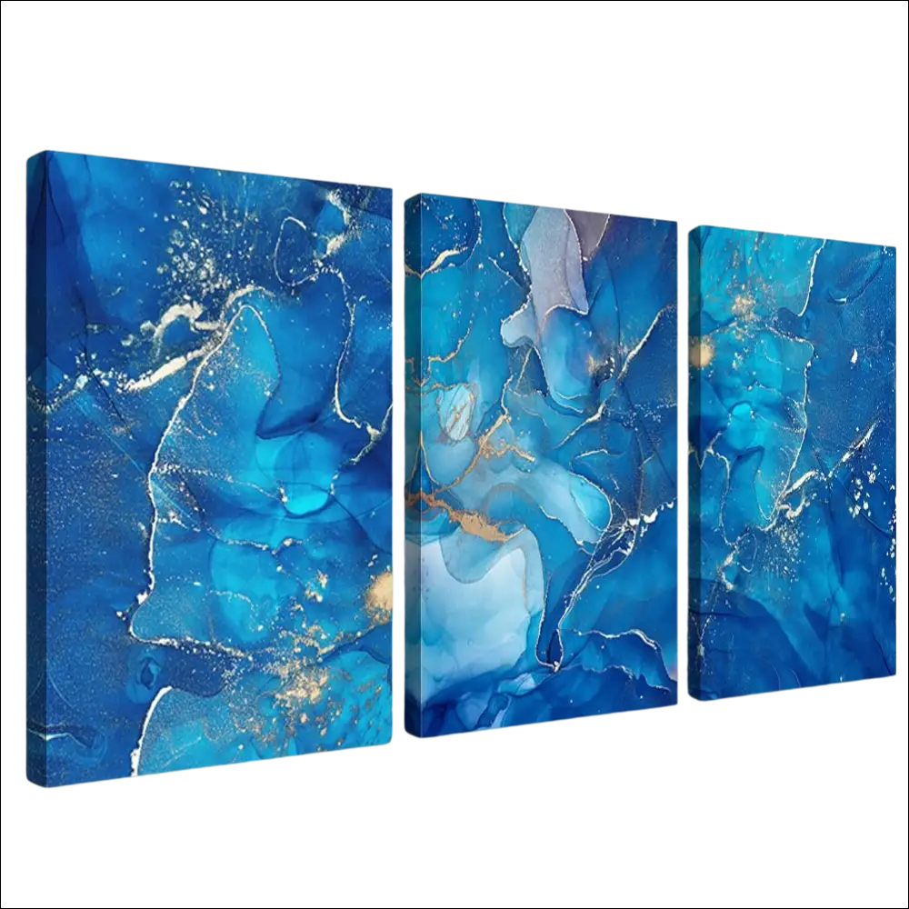 Blue abstract canvas wall art triptych with swirling patterns and gold accents ideal for stylish wall decor