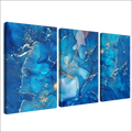 Blue abstract canvas wall art triptych with swirling patterns and gold accents for elegant wall decor