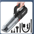 Black opolar household mini vacuum with sleek design and red accents featuring multiple attachments for versatile cleaning tasks