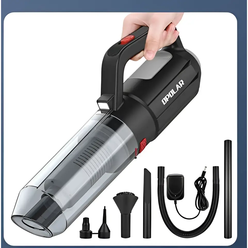 Black opolar household mini vacuum with sleek design and red accents featuring multiple attachments for versatile cleaning tasks