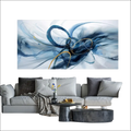 Blue and gold modern abstract wall art with swirling brushstrokes displayed above a gray sofa in a living room setting