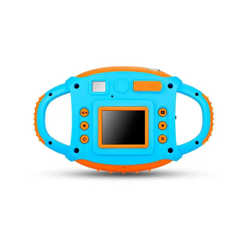 Bright blue and orange children’s digital camera with rugged handle design and elegant cursive logo for easy grip