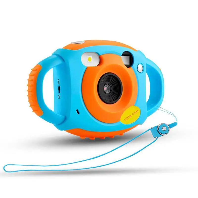 Bright blue and orange children’s digital camera with yellow kids cam label and elegant cursive logo for kids use