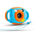 Blue and orange children’s digital camera with textured grip and kids cam yellow sticker featuring elegant cursive logo