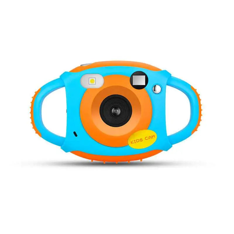 Blue and orange children’s digital camera with textured grip handles and elegant cursive logo for easy use
