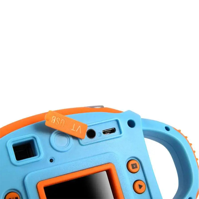 Blue and orange children’s digital camera with ergonomic handle circular buttons usb port and elegant cursive logo
