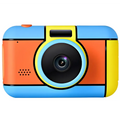 Brightly colored blue and orange children’s digital camera with playful plastic body and elegant cursive logo