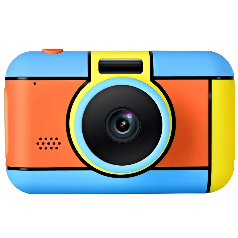 Brightly colored blue and orange children’s digital camera with playful plastic body and elegant cursive logo