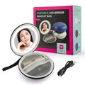Silver round bag portable led mirror with mesh-lined case and usb charging cable in blue and silver round bag design