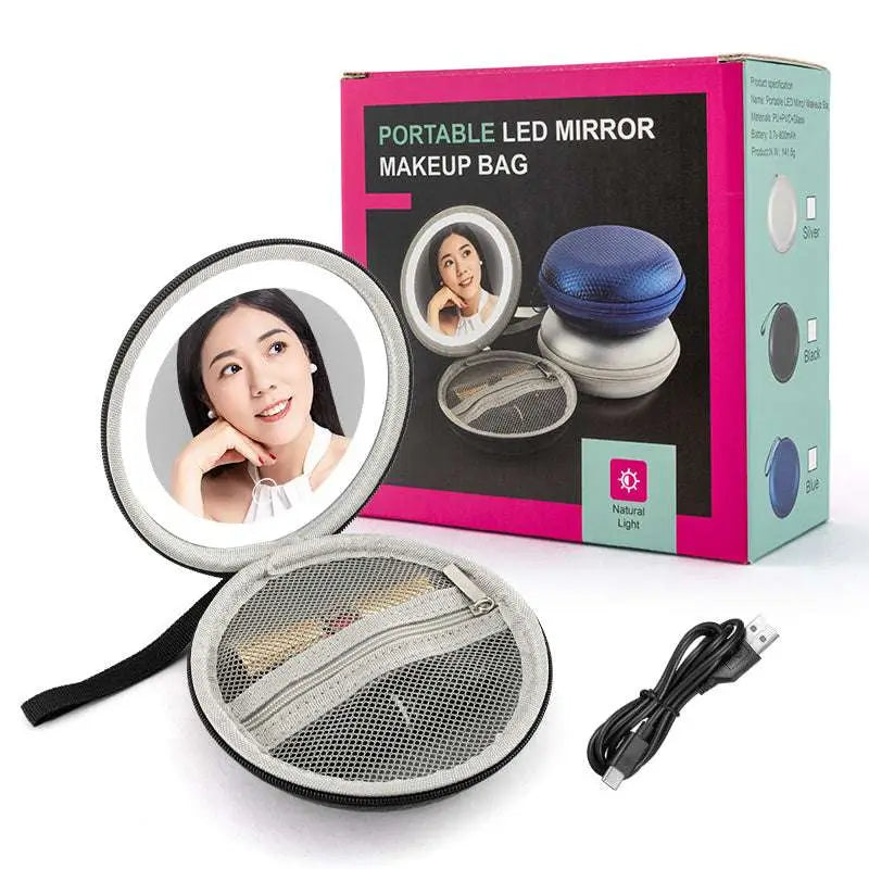 Silver round bag portable led mirror with mesh-lined case and usb charging cable in blue and silver round bag design