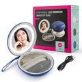 Blue and silver round bag mirror case with blue circular LED mirror mesh interior and zipper compartment shown open