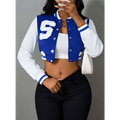 Blue and white ladies printed baseball jacket featuring a large s, button closures, and ribbed cuffs