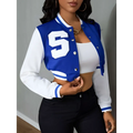 Blue and white ladies printed baseball jacket with a large embroidered s on the chest for stylish casual wear