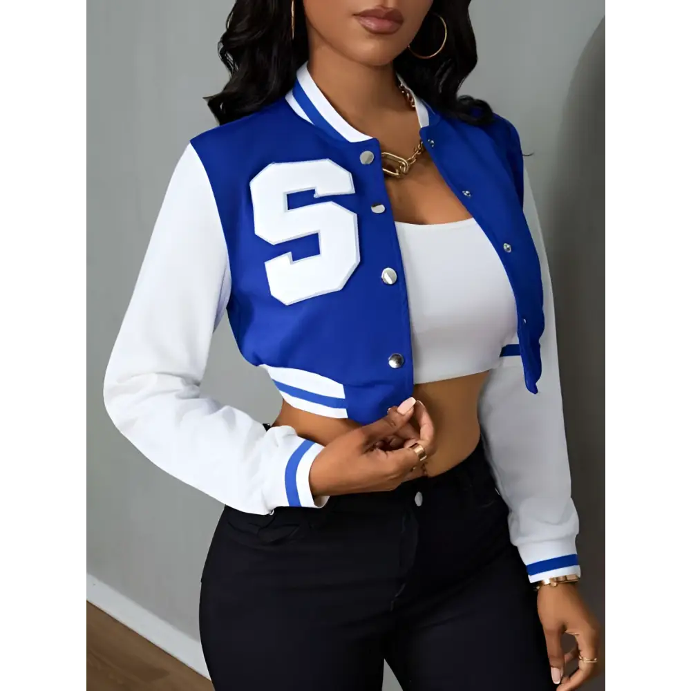 Blue and white ladies printed baseball jacket with a large embroidered s on the chest for stylish casual wear