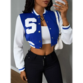 Blue and white ladies printed baseball jacket featuring a large s and classic varsity style front design