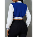 Blue and white ladies printed baseball jacket with ribbed cuffs and collar trim in varsity style cropped design