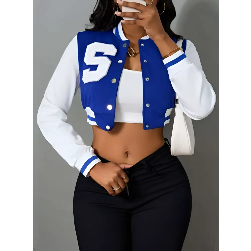 Blue and white ladies printed baseball jacket with large s on chest button closures and ribbed cuffs