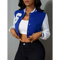 Blue and white ladies printed baseball jacket featuring a large 6 on the chest in varsity style design