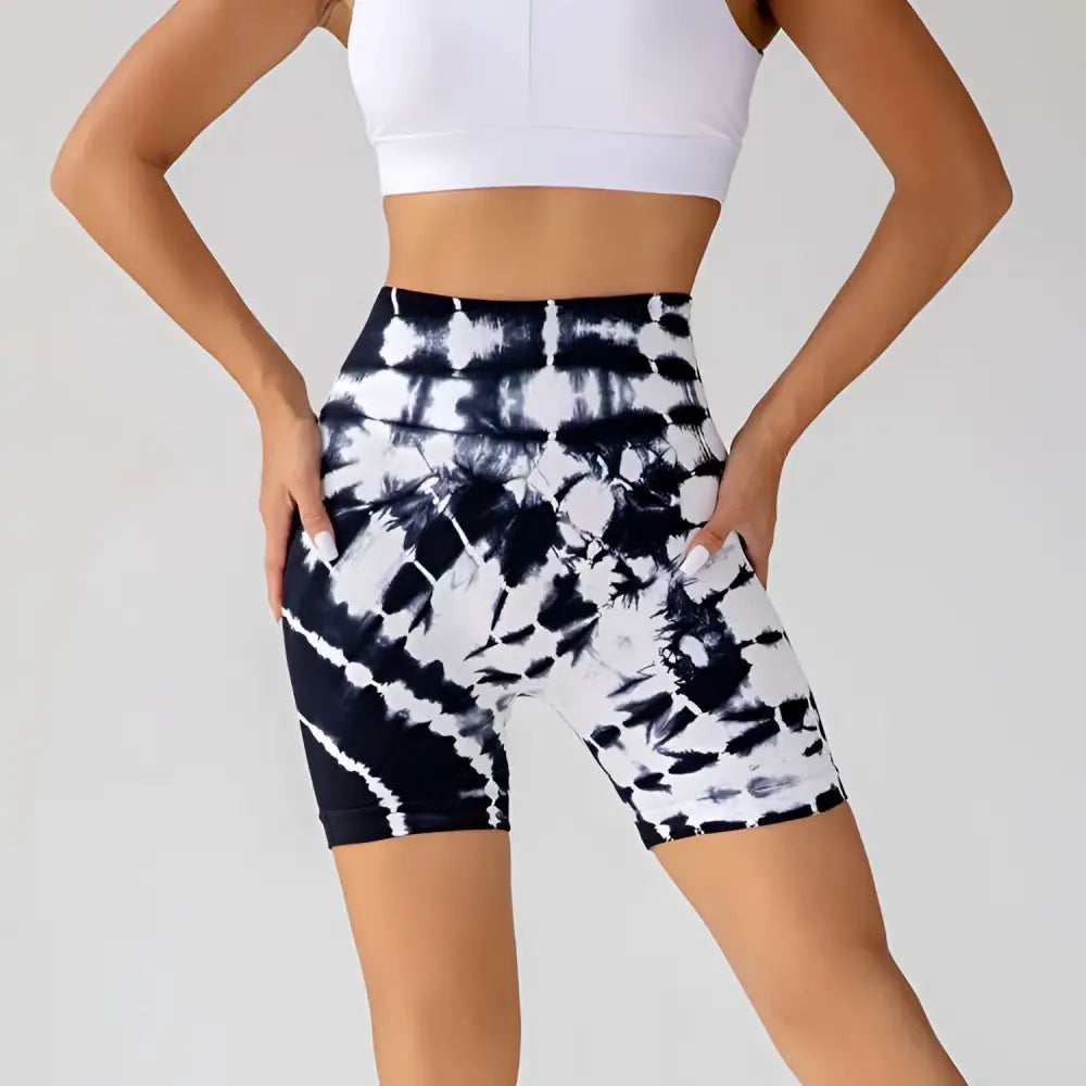 Black and white tie-dye high-waisted seamless shorts fashion ideal for printed yoga shorts or activewear use